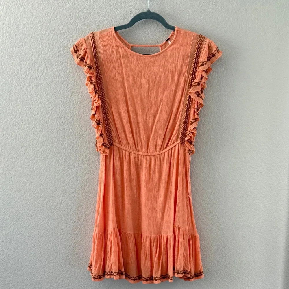 Free People Coral Orange Embroidered Ruffle Gauze Mini Dress Boho Western Sz S